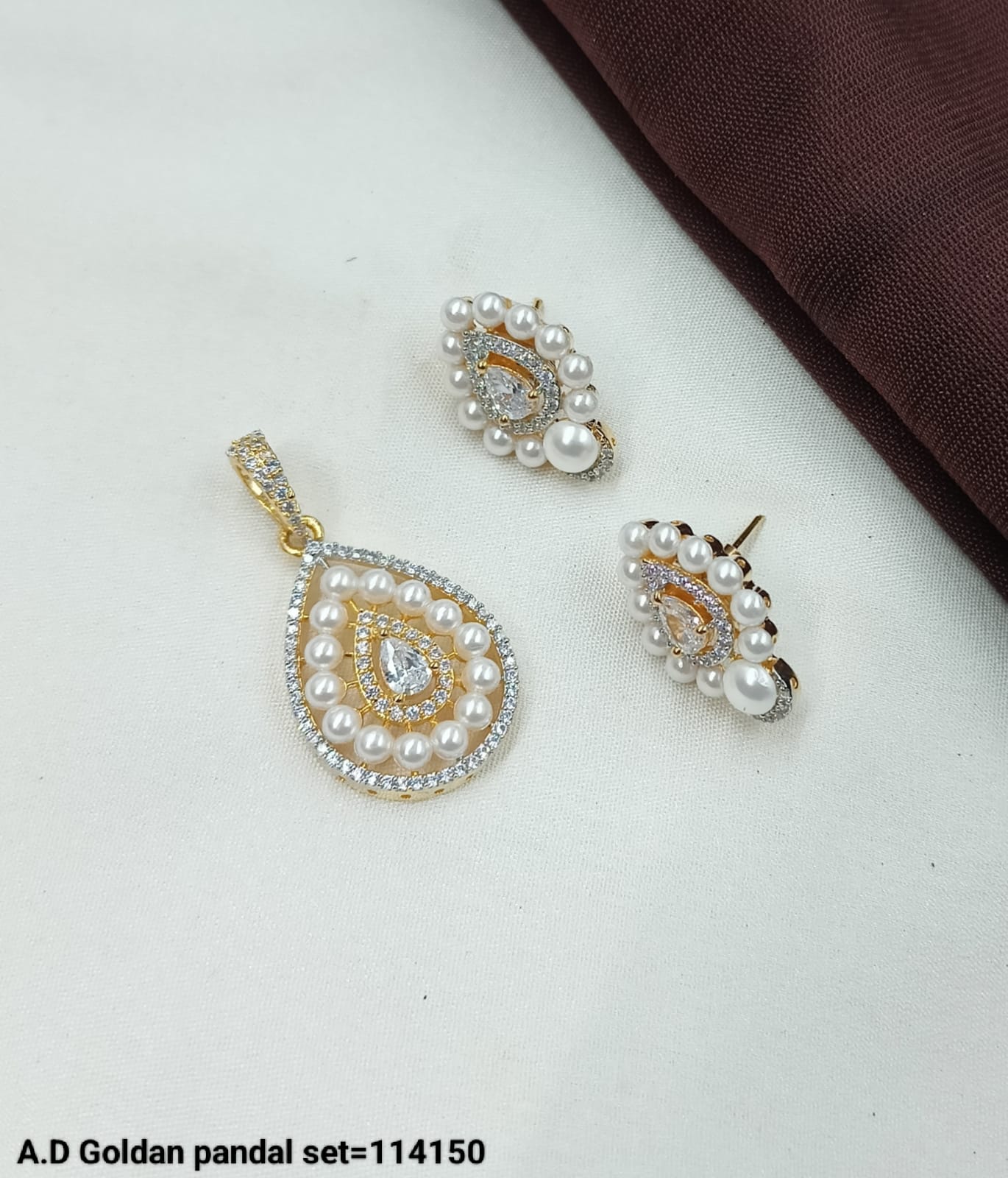 A.D Golden Teardrop Pandal Set – Pearl & Diamond-Studded Pendant with Earrings - Lucentemarket
